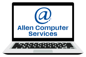 An open laptop with the Allen Computer Services logo displayed on the screen